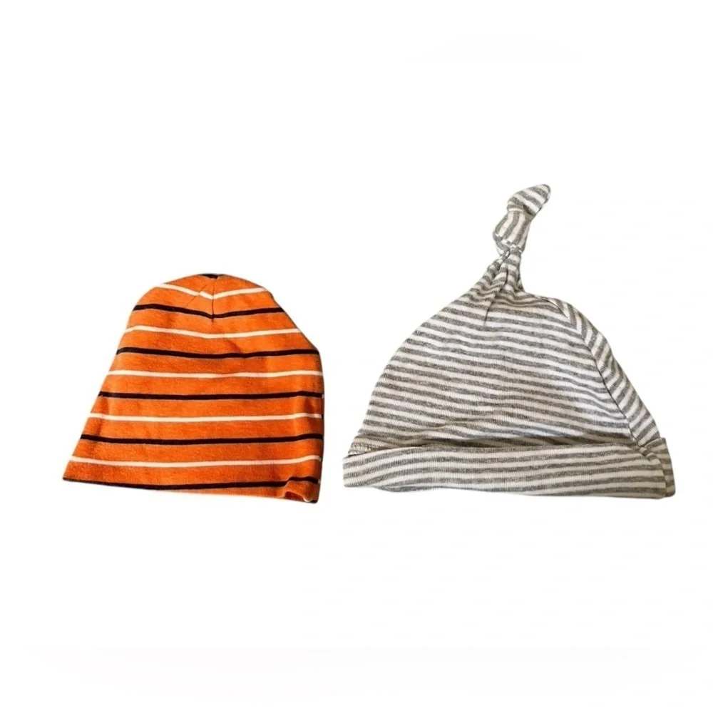 2 hats - Striped Orange and Gray baby Beanie 0-6 months and 6-9 months
